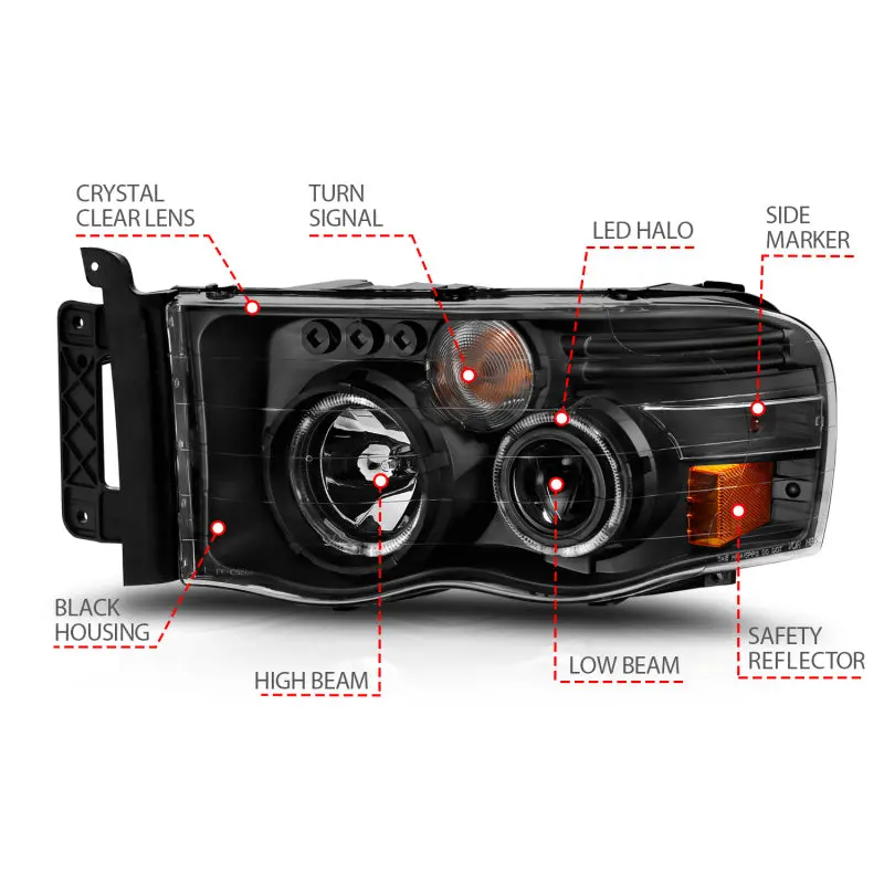 Anzo 2002-2005 Dodge Ram 1500 Projector Headlights W/ Halo Black Clear Amber 2