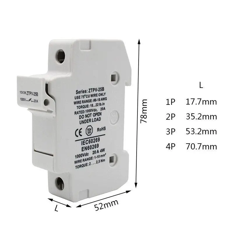 1 Set Parallel Fuse Holder 10*38Mm High Voltage Solar Pv1000v Fuses 3A To 30A 7