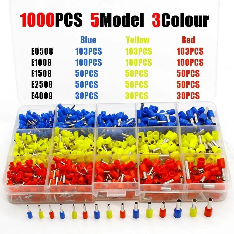 1000Pcs/Lot Bootlace Cooper Ferrules Kit Set Wire Copper Crimp Connector Insulated Cord Pin End Terminal 1
