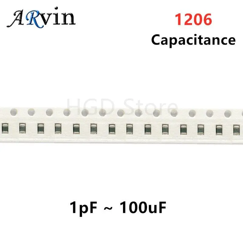 100Pcs 1206 Smd 1Pf-100Uf X7r Error 5% 10Pf 100Pf 470Pf 100Nf 220Nf 1Uf 10Uf 47Uf 2.2Uf 22Uf 100Uf Multilayer Ceramic Capacitor 1