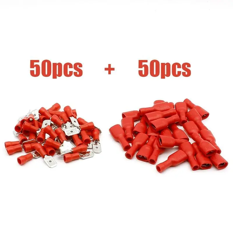 100Pcs Red Spade Crimp Terminals Fully Insulated Electrical Connectors Audio Wiring 1