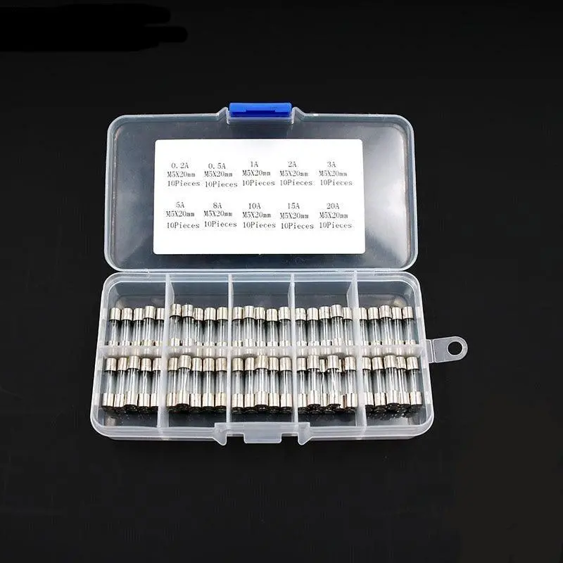 100Pcs Set 5X20mm Quick Blow Glass Tube Fuse Assorted Kits Fast-Blow Glass Fuses 0.2A 0.5A 1A 2A 3A 5A 8A 10A 15A 20A 30A Box 2