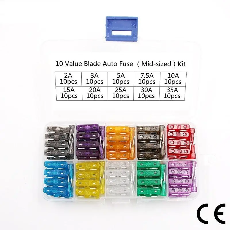 100Pcs/Lot Standard Motorcycle Auto Car Fuse Medium Automotive Boat Blade Fuses 2A 3A 5A 7.5A 10A 15A 20A 25A 30A 35A With Box 1