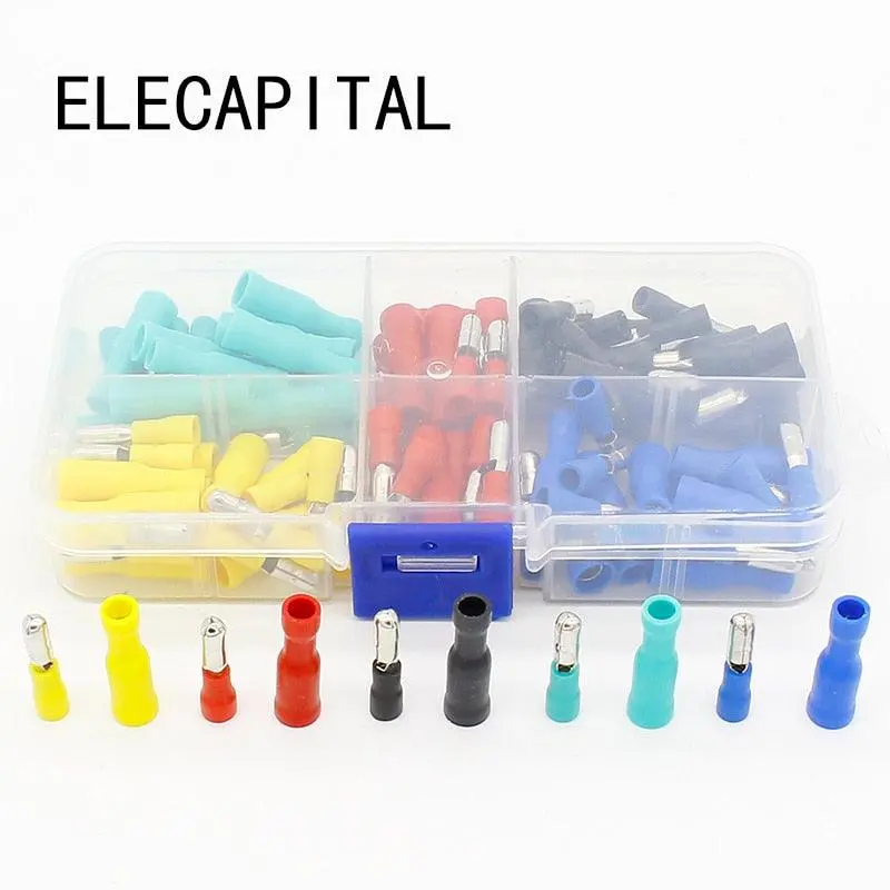 100Pcs/Set 5 Colors 16~14Awg Male Female Bullet Connector Crimp Terminals Wiring 1