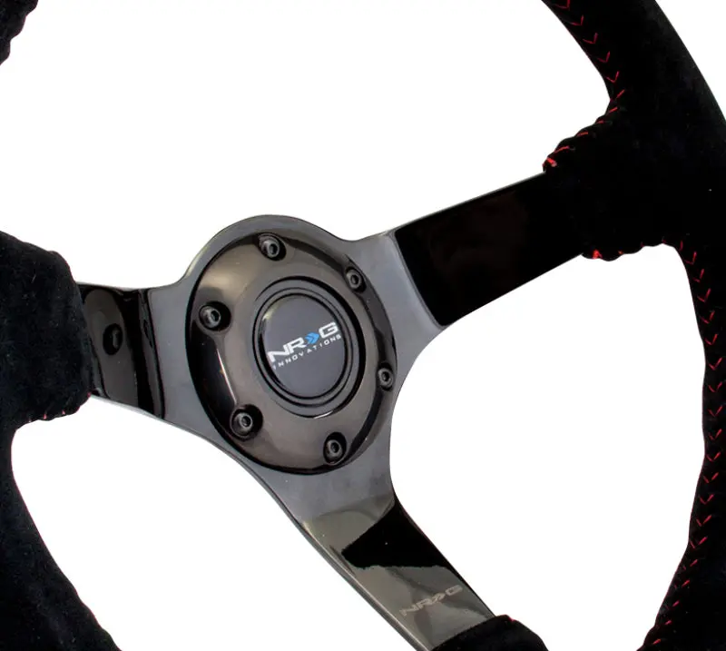 Nrg Reinforced Steering Wheel (350Mm / 3In. Deep) Blk Suede W/Red Bball Stitch & Black 3-Spoke 1