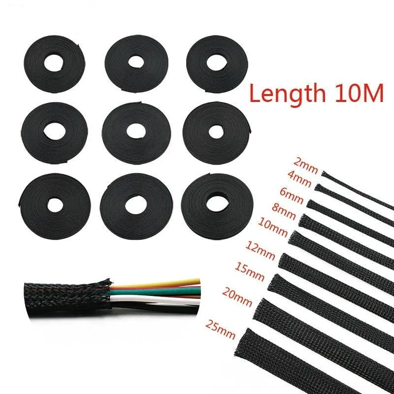10M Black Insulated Braid Sleeving 2/4/6/8/10/12/15/20/25Mm Tight Pet Wire Cable Protection Expandable Cable Sleeve Wire Gland 1