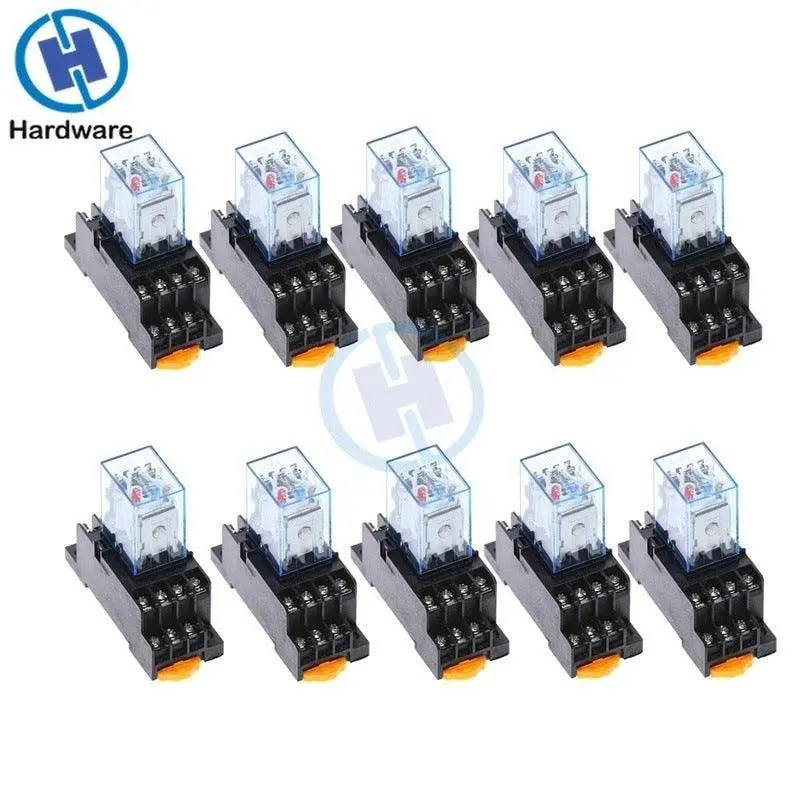 10Pcs My4nj 14Pin 4Dpdt Mini Electromagnetic Relay With Socket Base 1