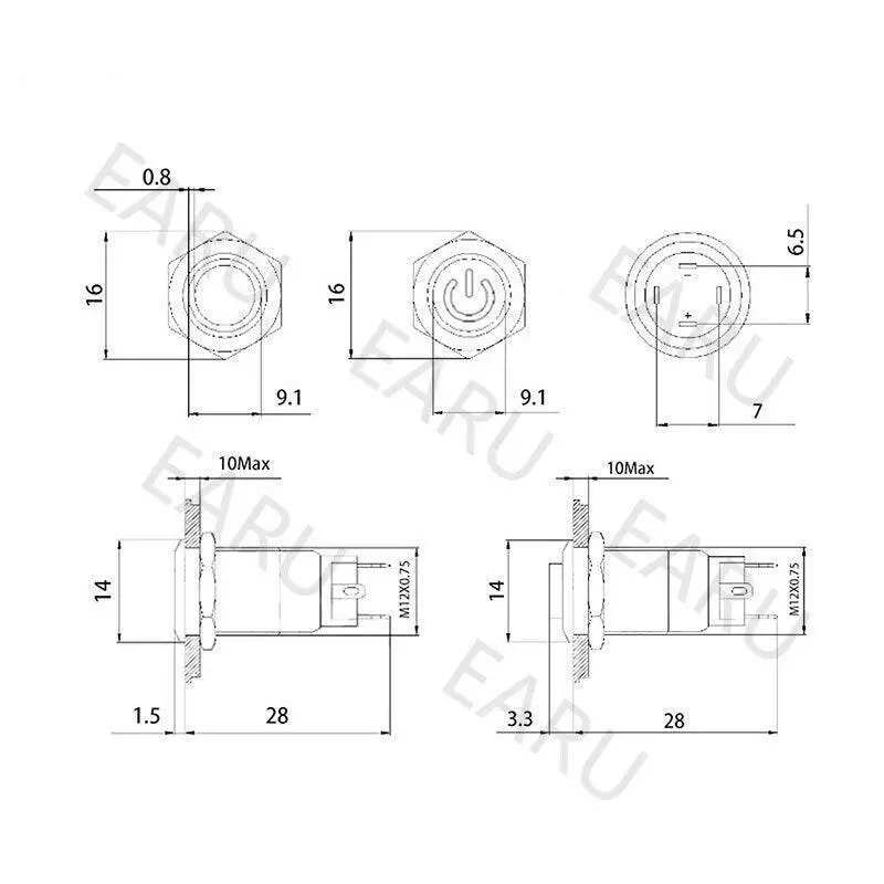 Earu -12Mm Instantaneous Latching Flat Metal Switch Waterproof 5