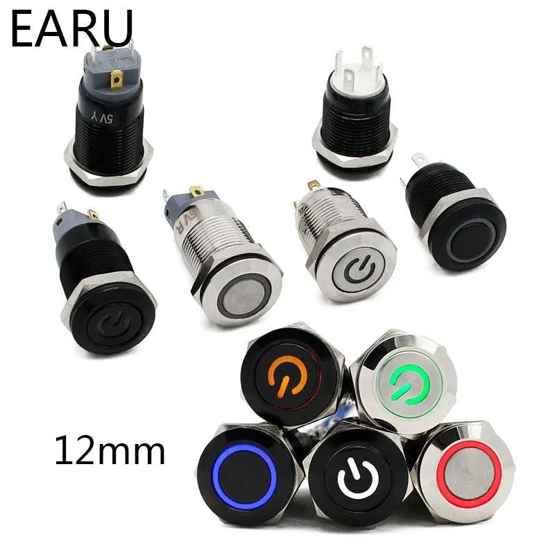 Earu -12Mm Waterproof Metal Push Button Switch Led Light Black Momentary Latching 2