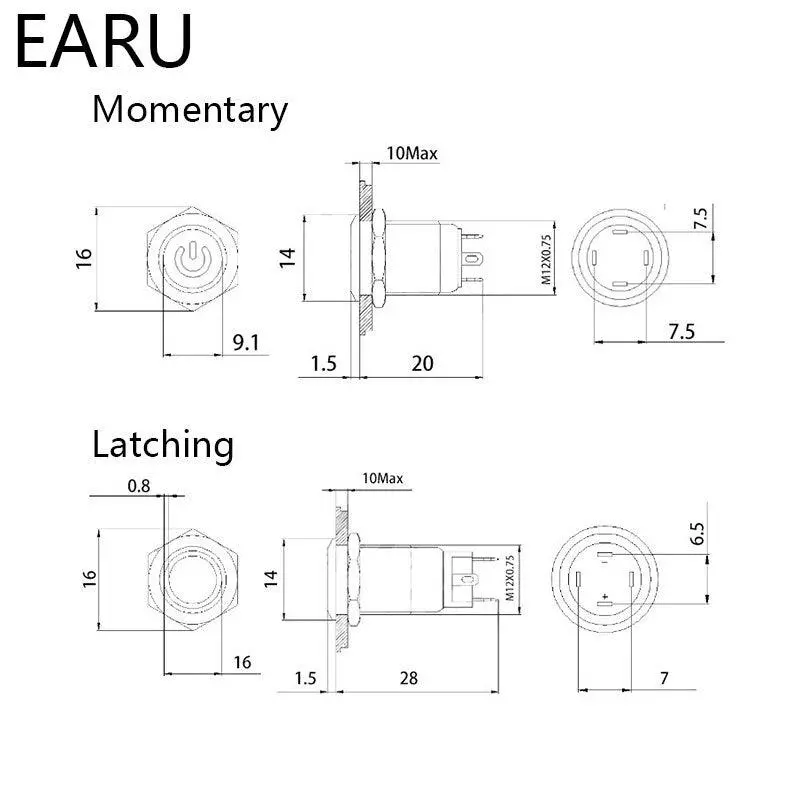 Earu -12Mm Waterproof Metal Push Button Switch Led Light Black Momentary Latching 6