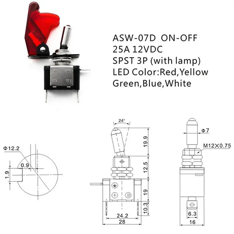 12V 20A Auto Car Boat Truck Illuminated Led Toggle Switch With Transparent Safety Aircraft Flip Up Cover Guard Red Blue Green 9