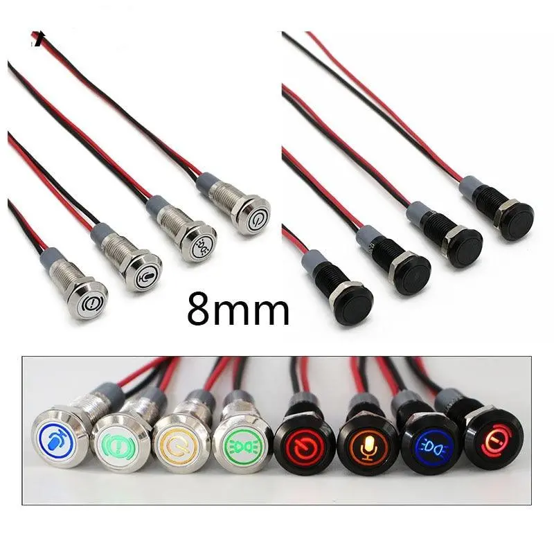 12V 8Mm Chromed Black Shell Logo Icon Symbol Customization Waterproof Led Metal Indicator Pilot Lamp Light For Car With Cable 1