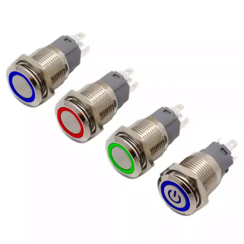 16Mm Waterproof Metal Push Button - Momentary Self-Resetting, Flat Head, Red Green Blue Ring Led, Jumper Key Switch 1
