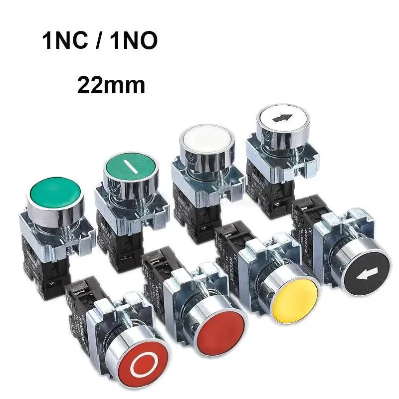1Pcs Xb2 Button Switch Power Supply Start Stop Self Reset Point Move Round Flat Head Symbol Switch 22Mm 1No/1Nc Yj139-Xb2-11Bn 1