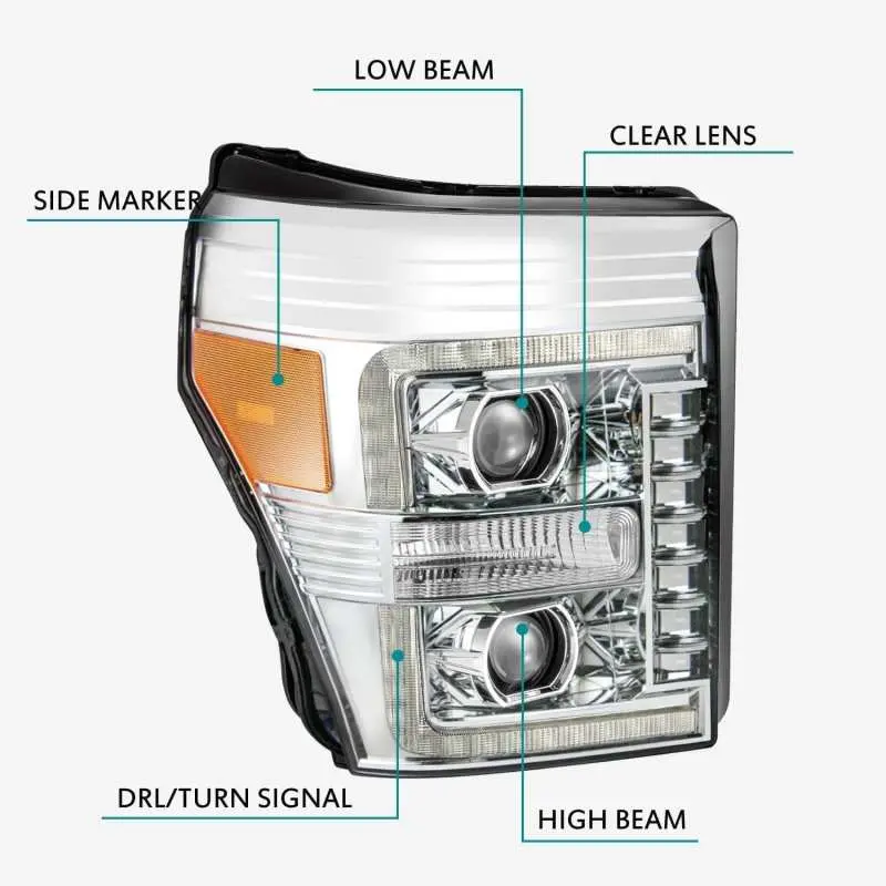 Alpharex 11-16 Ford F-250 Sd Pro-Series Projector Headlights Plank Style Design Chrome W/Seq Signal 1