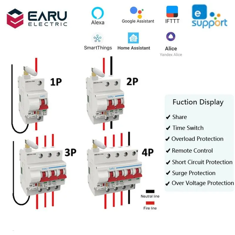 1P 2P 3P 4P 10A-125A Wireless Smart Wifi Circuit Breaker Timer Ewelink App Vioce Remote Control Switch Amazon Alexa Google Home 1