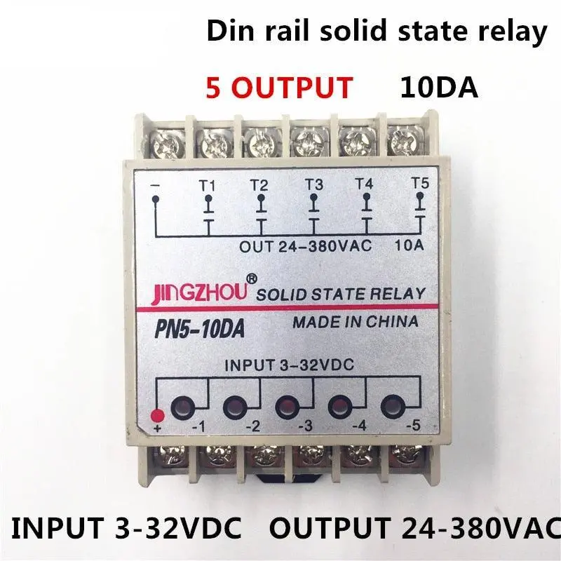 1Pc 10Da 5 Channel Din Rail Ssr Quintuplicate Five Input 3~32Vdc Output 24~380Vac Single Phase Dc Solid State Relay 10A Plc Hot 1
