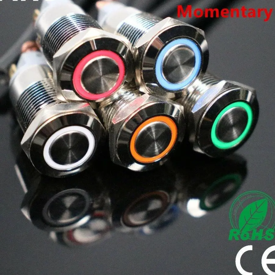 Earu- 1Pcs 12Mm With Led 3V 5V 12V 24V 220V Metal Button Switch Momentary 1