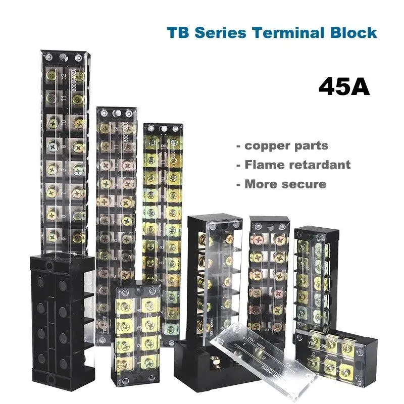 1Pcs Dual Row Strip Barrier Screw Terminal Block Fixed Wire Connector Tb-4503/4/5/6/10/12 Positions 600V 45A 1