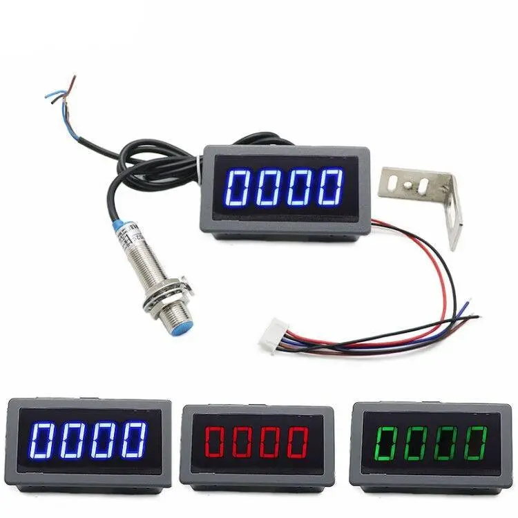 1Set 12V 24V Measuring Gauge 4 Digital Blue/Green/Red Led Tachometer Rpm Speed Meter 10-9999Rpm Hall Proximity Switch Sensor Npn 1
