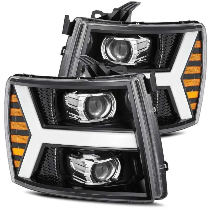 Alpharex 07-13 Chevy 1500 Luxx Led Proj Headlights Plank Style Jet Blk W/ Activ Light/Seq Signal/Drl 1