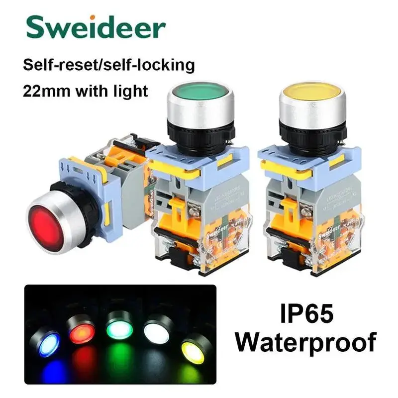 22Mm Waterproof Push Button Switch With Led Momentary Reset Self Locking Power Button Switch With Light 6V 24V 380V 10A 2No 2Nc 1