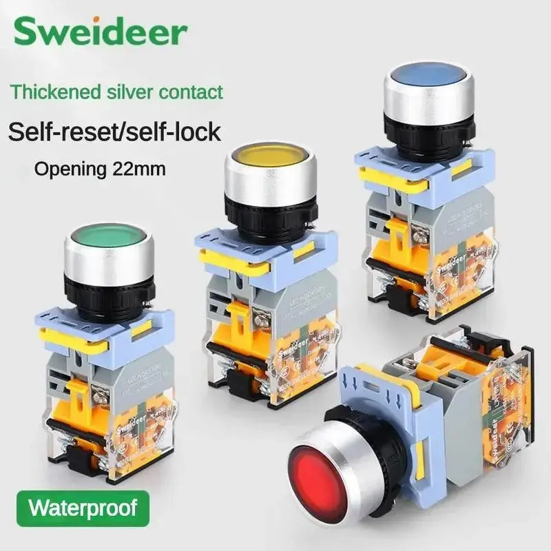 22Mm Waterproof Push Button Switch With Led Momentary Reset Self Locking Power Button Switch With Light 6V 24V 380V 10A 2No 2Nc 2