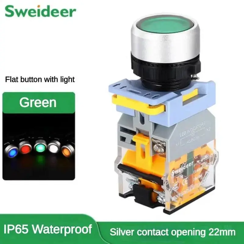 22Mm Waterproof Push Button Switch With Led Momentary Reset Self Locking Power Button Switch With Light 6V 24V 380V 10A 2No 2Nc 8