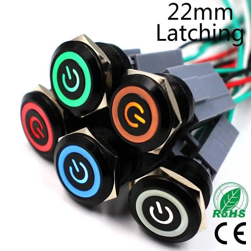 Earu -22Mm Alumina Black Body Press Latching Metal Push Button Switch Led Light 1