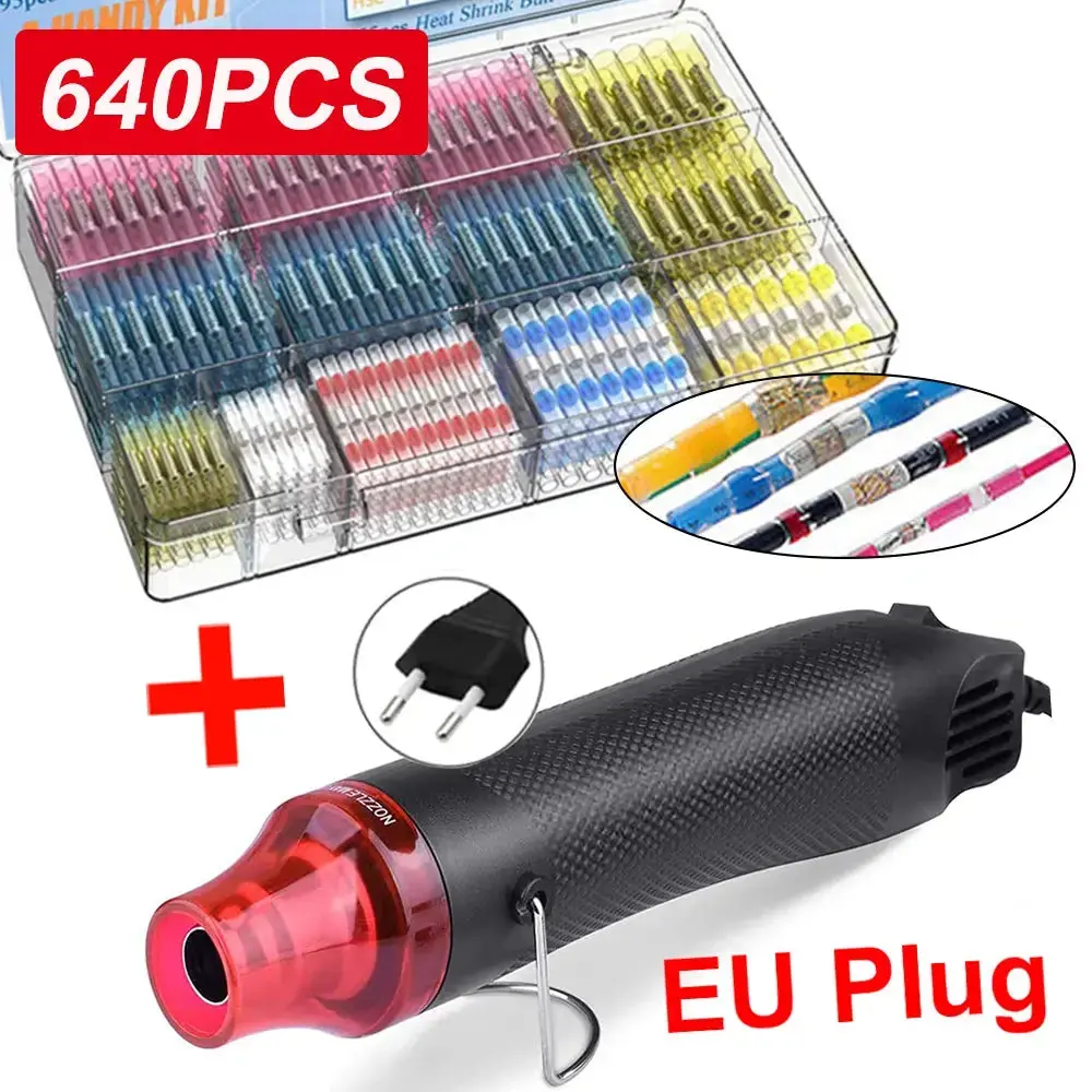 640/250Pcs Waterproof Heat Shrink Butt Crimp Terminals Solder Seal Electrical Wire Cable Splice Terminal Kit With Hot Air Gun 1