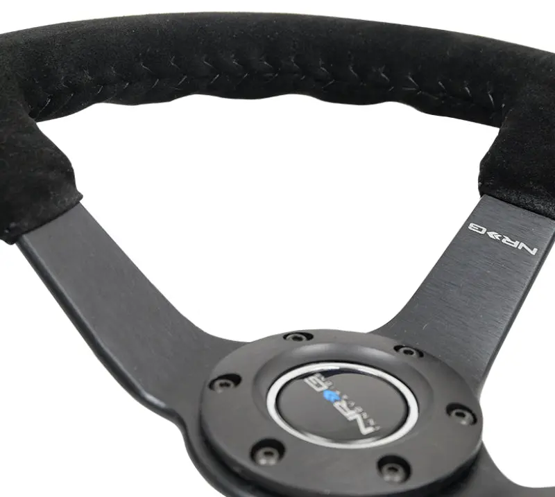 Nrg Reinforced Steering Wheel (350Mm / 3In. Deep) Blk Suede/Blk Bball Stitch W/5Mm Matte Black Spoke 1