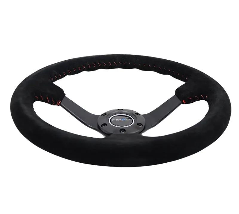 Nrg Reinforced Steering Wheel (350Mm / 3In. Deep) Blk Suede/Red Bball Stitch W/5Mm Matte Blk Spokes 1