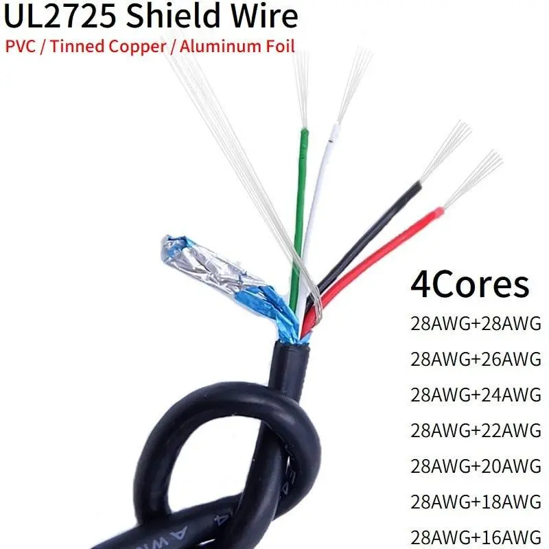 2M/10M Shielded Wire 28Awg - 16Awg Aluminum Foil Tinned Copper Line 4Cores Soft Pvc Ul2725 Diy Usb Audio Electronic Signal Cable 1