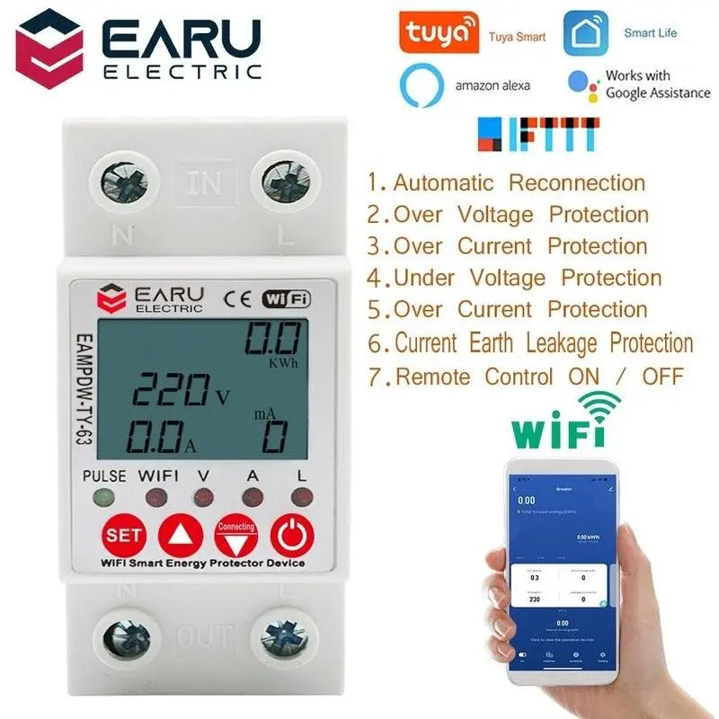 2P 63A Tuya App Wifi Smart Circuit Earth Leakage Over Under Voltage Protector Relay Device Switch Breaker Energy Power Kwh Meter 1