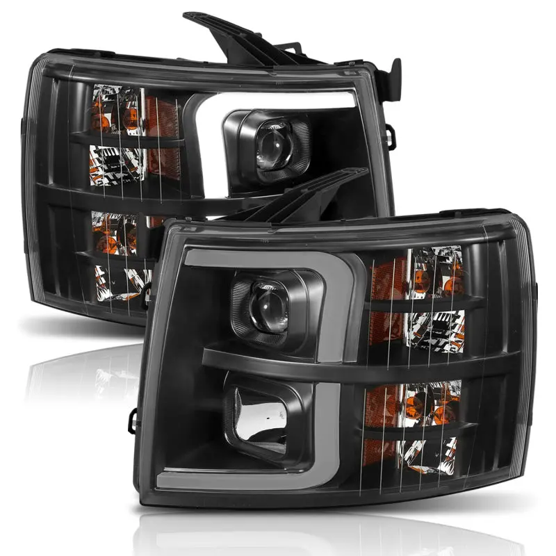 Anzo 07-13 Chevrolet Silverado 1500 Plank Style Projector Headlights Black W/ Amber 2