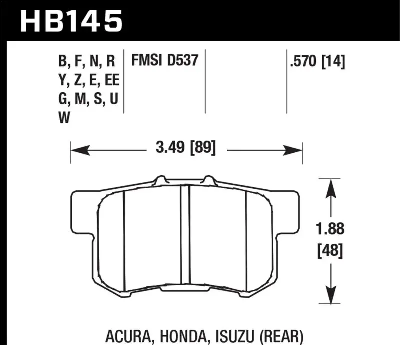 Hawk 02-06 Acura Rsx / 02-11 Honda Civic Si / 00-09 S2000 Dtc-70 Race Rear Brake Pads 1