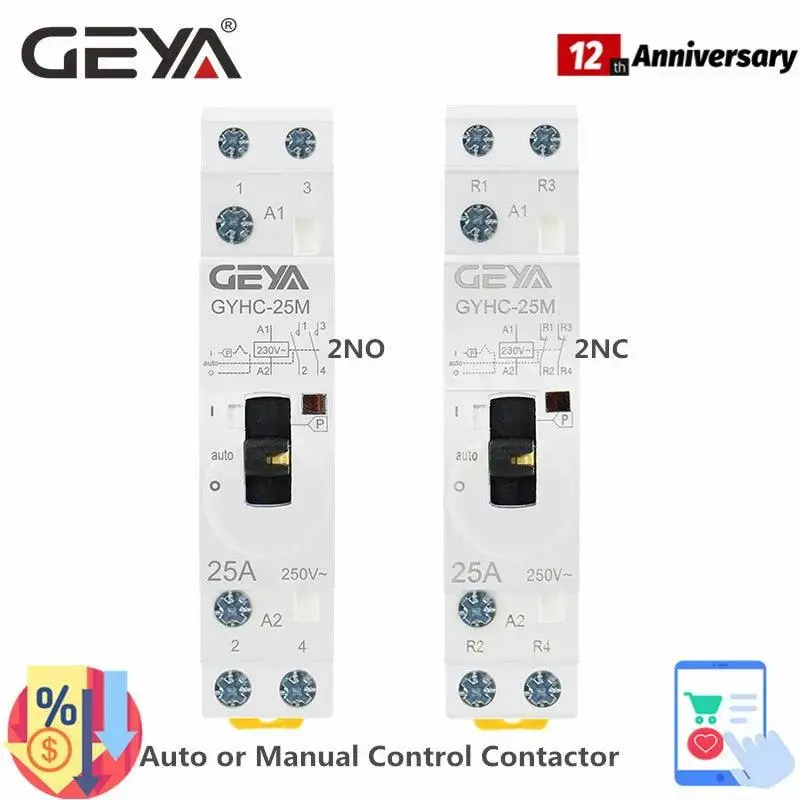 Geya Manual Control Household Contactor Din Rail Type Modular Contactor 2P 16A 20A 25A 2No Or 2Nc 220V 2