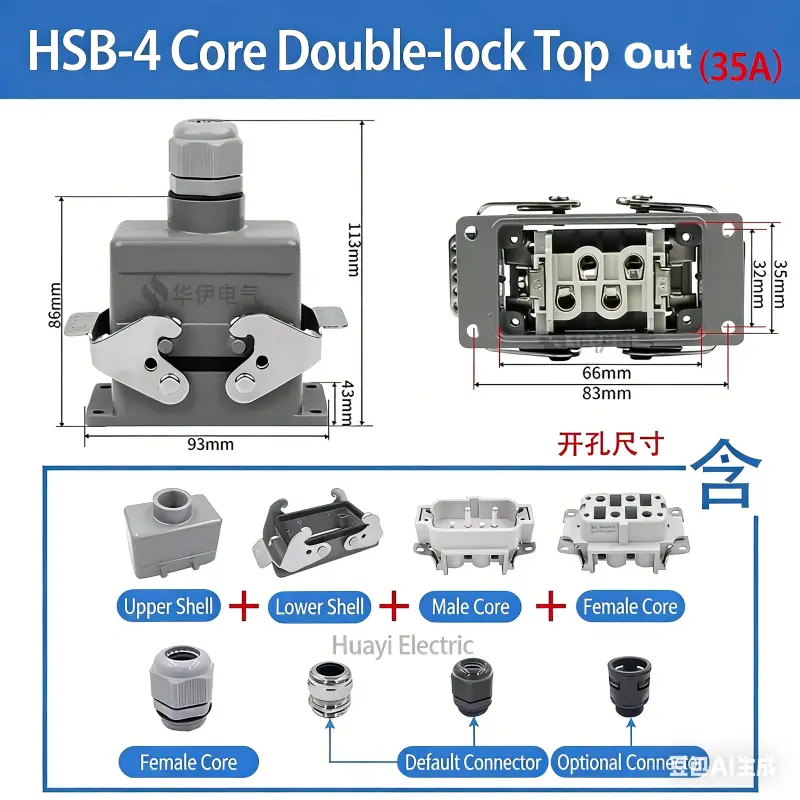 Rectangular Heavy Duty Connector Hsb-4/6/12 Pin 35A High Current Waterproof Aviation Plug & Socket 3