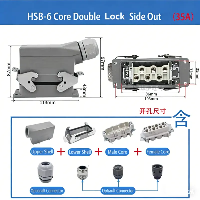Rectangular Heavy Duty Connector Hsb-4/6/12 Pin 35A High Current Waterproof Aviation Plug & Socket 7
