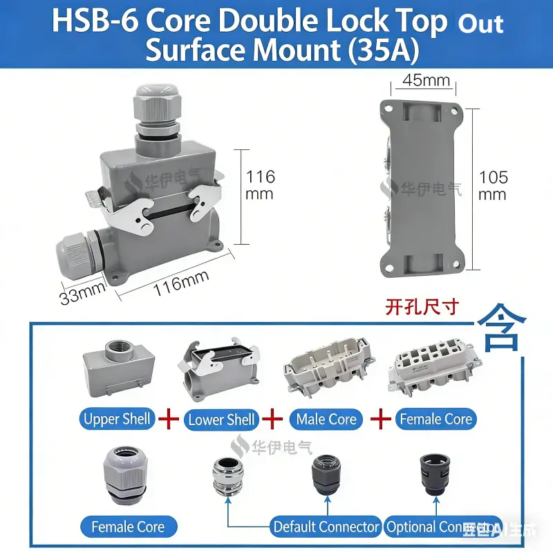 Rectangular Heavy Duty Connector Hsb-4/6/12 Pin 35A High Current Waterproof Aviation Plug & Socket 10