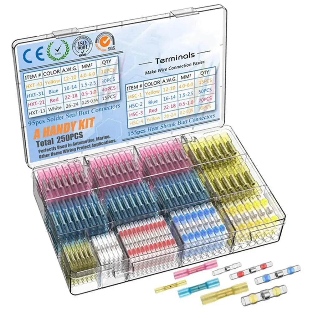 Heat Shrink Butt Crimp Terminals Waterproof Solder Seal Electrical Connectors Wire Cable Splice Kit Automotive Marine 7