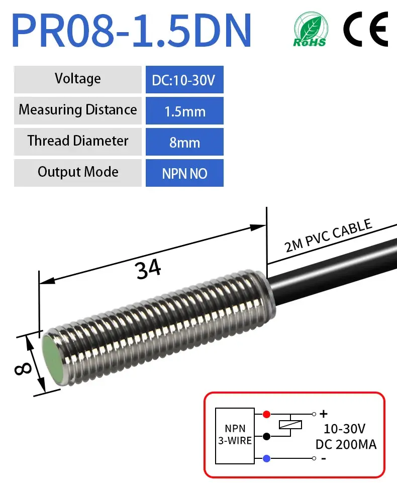 Gtric M8 Inductive Proximity Sensor Switch 12-24V Dc Short Type Flush Pr08-1.5Dn Pr08-1.5Dp Npn Pnp 1.5Mm Sensing Distance 6