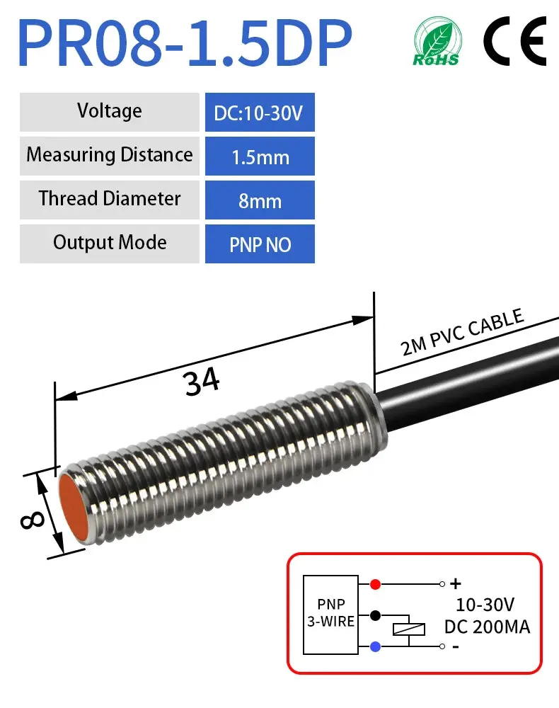 Gtric M8 Inductive Proximity Sensor Switch 12-24V Dc Short Type Flush Pr08-1.5Dn Pr08-1.5Dp Npn Pnp 1.5Mm Sensing Distance 3