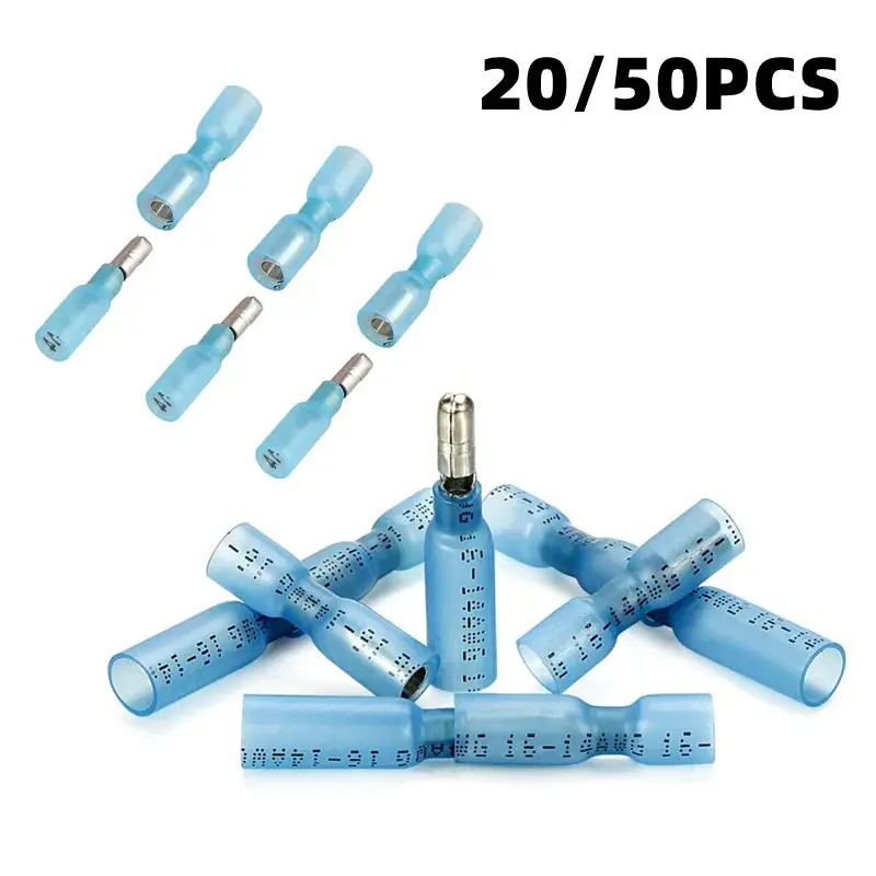 20/50Pcs Bullet Waterproof Insulated Connectors Female Male Solder Wire Insulated Splice Butt Terminals Blue 1.5-2.5Mm²/14-16Awg 1