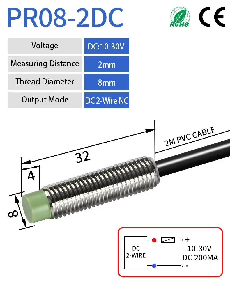 Gtric Pr08 Inductive Proximity Sensor Switch M8 Short Type 12-24V Dc Non-Flush Pr08-2Dn Pr08-2Dp Npn Pnp 2Mm Sensing Distance 5