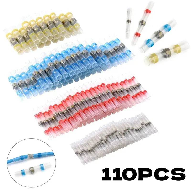 110Pcs Seal Heat Shrink Butt Wire Connectors Solder Sleeve Awg26-10 Waterproof Butt Connector Insulated Assortment Terminals Kit 1