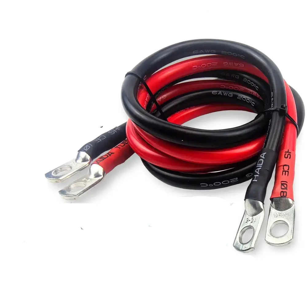 100Cm/200Cm Length M6-M10 Very Soft Car Battery Cable Silicone Wire With Lug Ring Terminal Cable Black Red Jumper Cables 1Awg 2Awg 4Awg 1