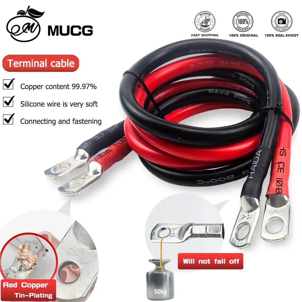 Black M6-M8 Very Soft Car Battery Cable Silicone Wire With Lug Ring Terminal Cable Black Red 5Awg 6Awg 7Awg 8Awg 3