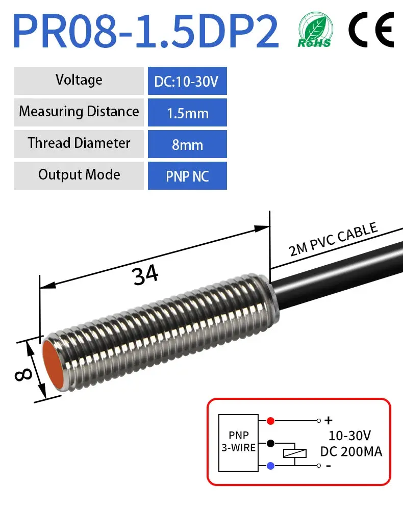 Gtric M8 Inductive Proximity Sensor Switch 12-24V Dc Short Type Flush Pr08-1.5Dn Pr08-1.5Dp Npn Pnp 1.5Mm Sensing Distance 4