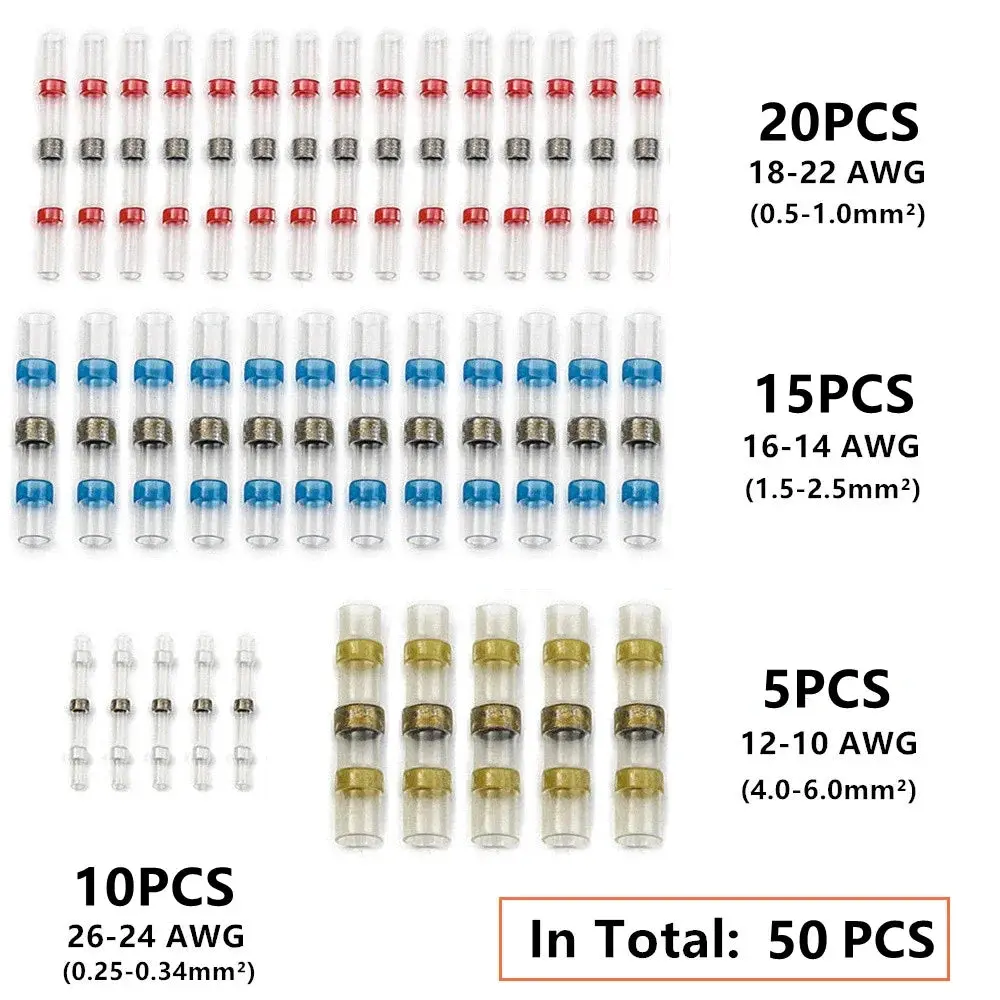 50Pcs Heat Shrink Solder Sleeves Wire Crimp Butt Terminals Connectors 0.25-6.0Mm2 Awg26-10 1